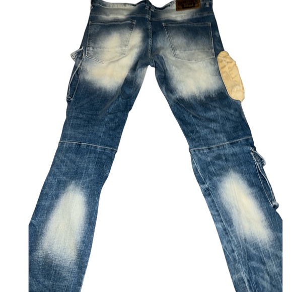 Men's Distressed Blue Jeans with Tan Accents - Picture 2 of 3